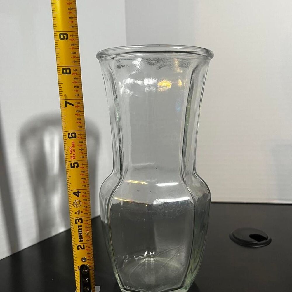 8.5" Clear Molded Glass Florist Vase Flared Opening Hourglass Shape Floral Decor